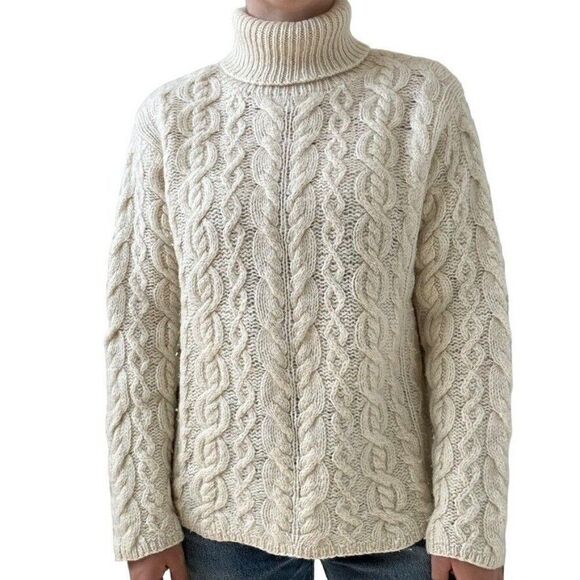 Vintage 1990s Womens White 100% Wool Fisherman Cable Knit Turtleneck Sweater M - Picture 3 of 7